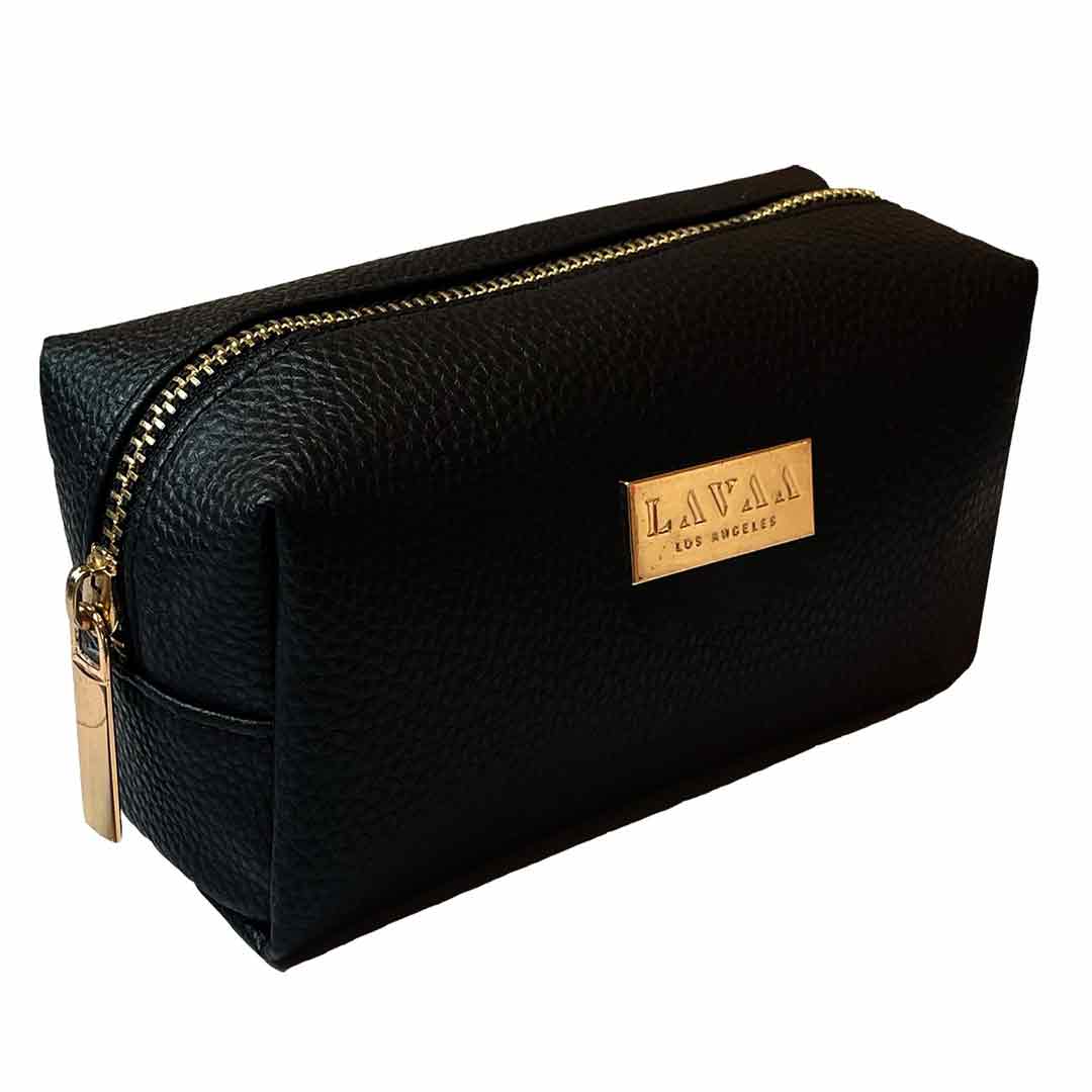 MAKEUP BAG Large Black Leather Makeup Bag with Gold Accents