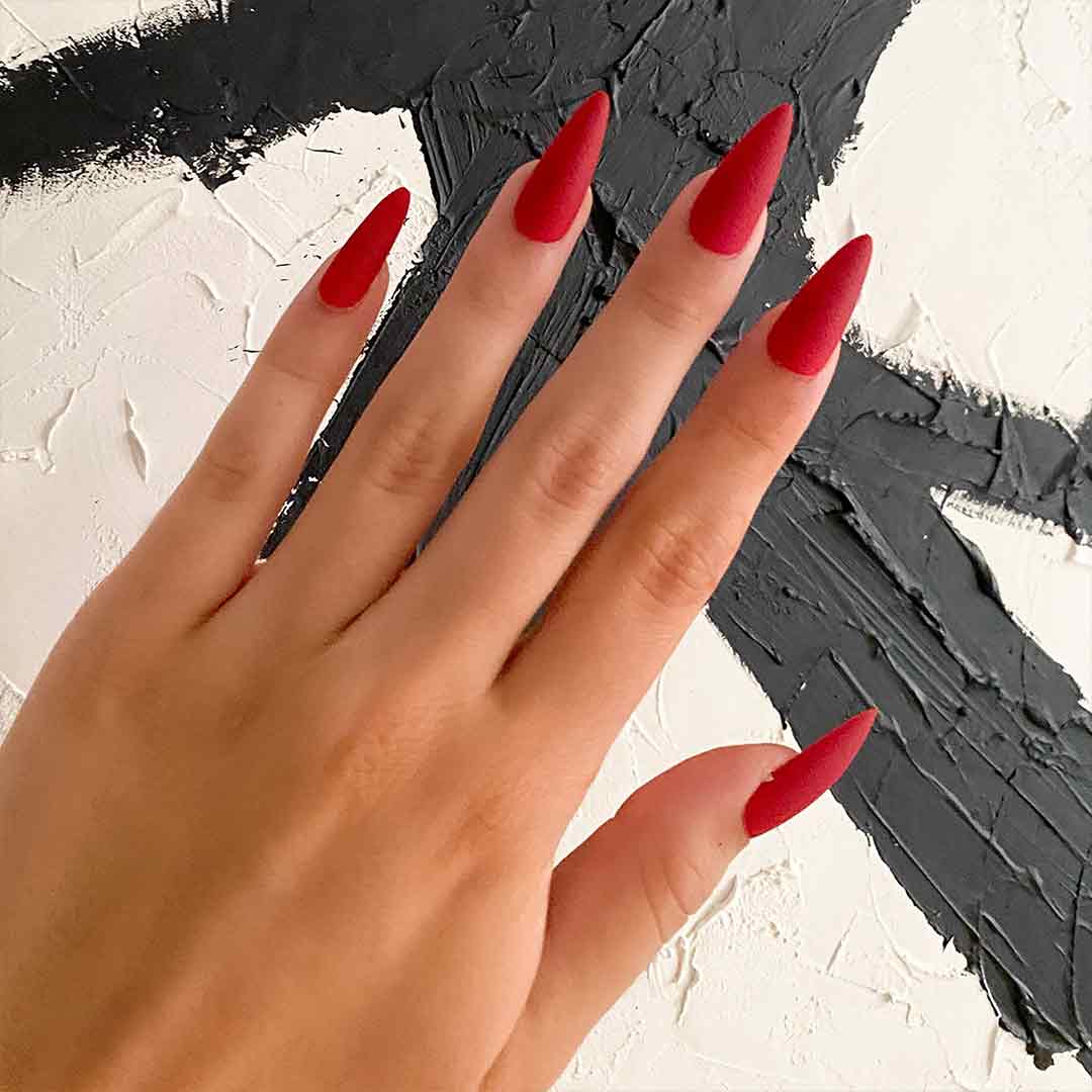 RED SOLE Swatch: Long Matte Red Stiletto Press On Nails | Lavaa Beauty
